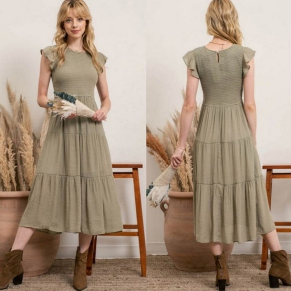 [ Roolee Boho Minimalist Modest Light Olive Green Smocked Ruffled Midi Dress ] - Picture 7 of 15